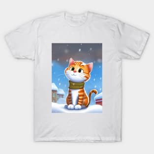 Winter Cat With a Scarf in Winter Scenery is waiting for Santa T-Shirt